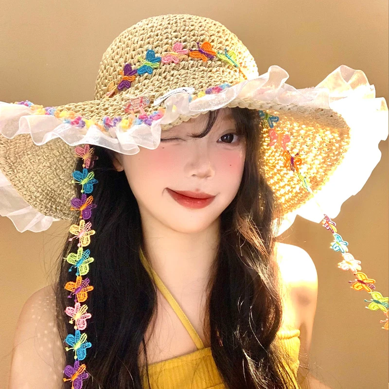 彩色蝴蝶蕾丝边草帽女夏季大帽檐遮阳防晒帽海边沙滩度假太阳帽子