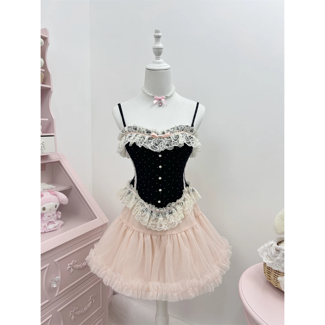 兔芝R 古董doll 纯欲蕾丝波点胸衣多层纱云朵蓬蓬短裙套装