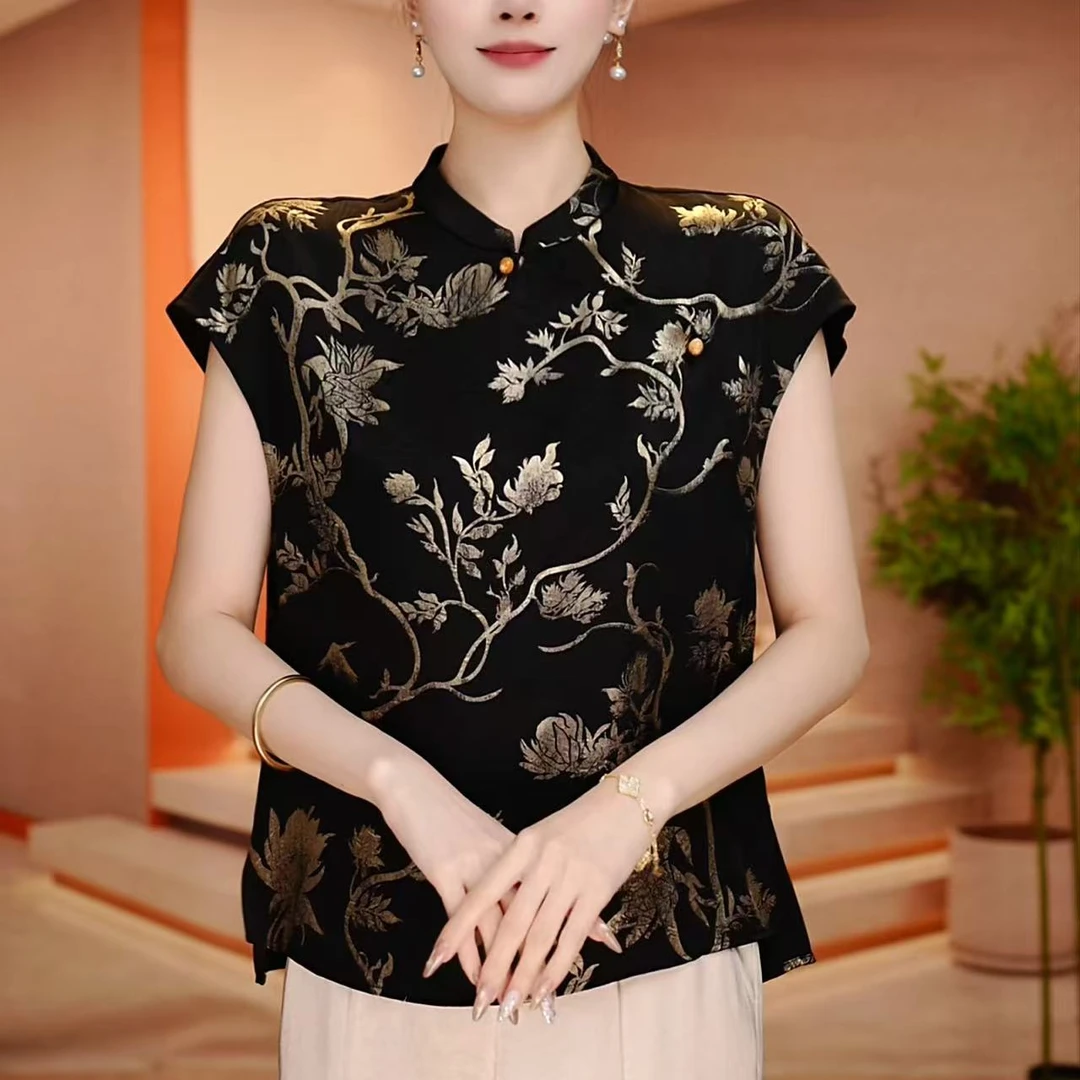 新中式国风印花立领短袖衬衫2025夏季新款轻奢气质显瘦百搭上衣