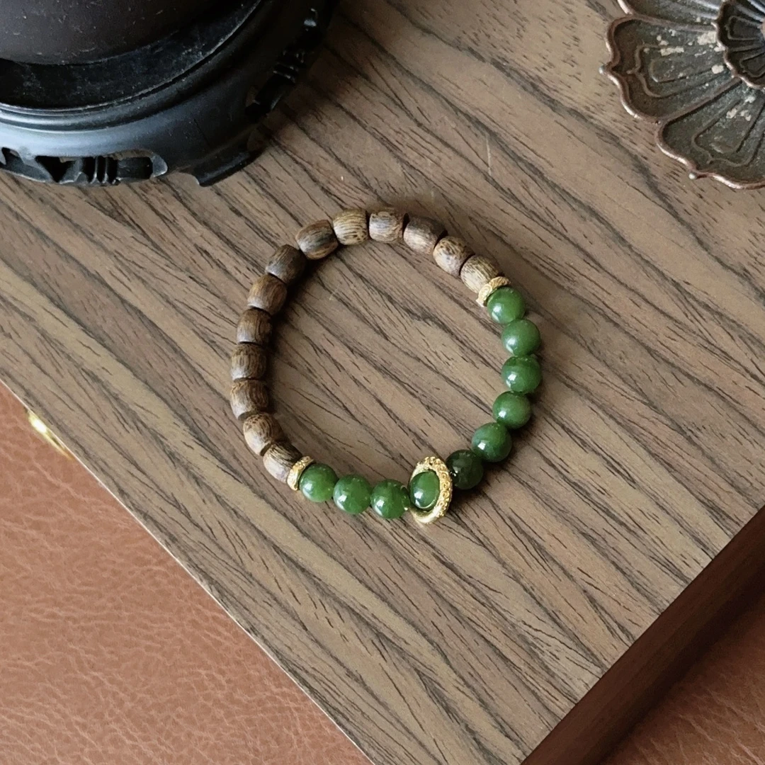奇楠沉香鼓珠碧玉跑环手串