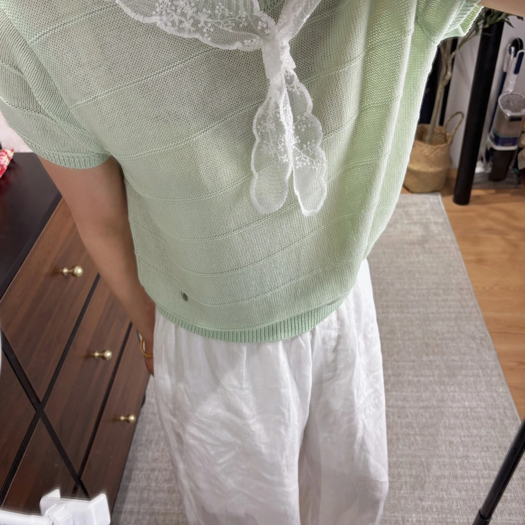 凉感新款百搭蕾丝披肩白色上衣宽松多巴胺色系针织衫薄款打底时尚