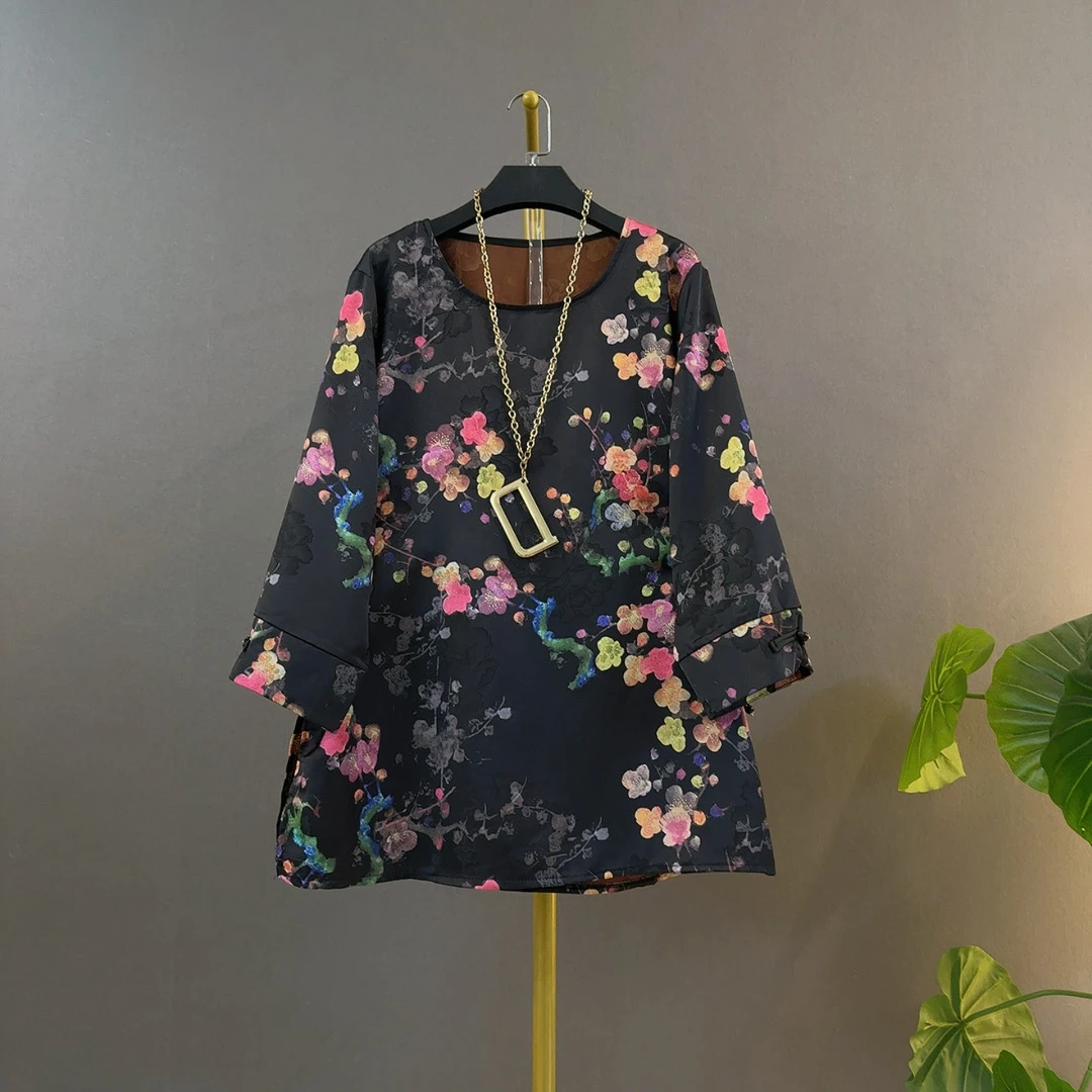 胖mm新中式新款国潮风轻奢盘扣提花长袖圆领气质宽松大码上衣