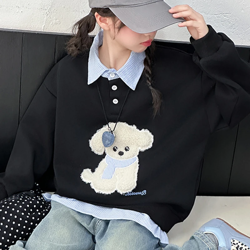 6岁女童秋装上衣卡通小狗休闲打底衫春秋季中大童衬衫假两件卫衣