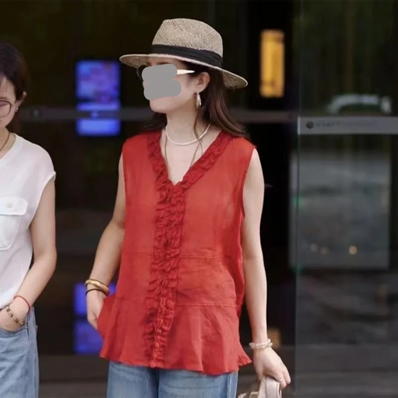 小个子木耳花边V领无袖衬衫女2025年夏季新款设计感小众女装上衣