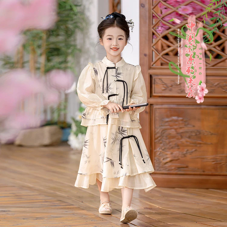 儿童唐装水墨珍珠国风公主洋气套装裙
