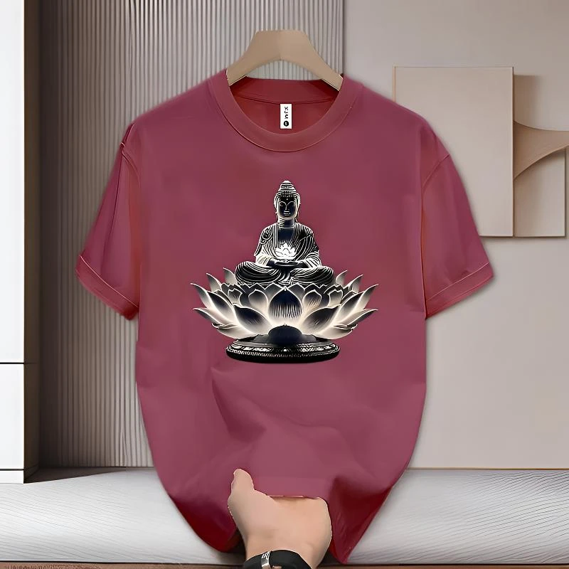 美式痞帅重磅纯棉短袖-莲座佛光 青年男女潮牌宽松百搭圆领上衣