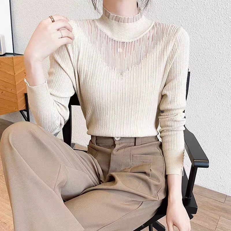 6116【衣长57】新款针织打底衫女半高领网纱拼接毛衣长袖内搭镂空