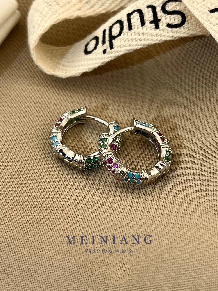 铜合金耳饰 中古感重工彩色肌理纹耳圈复古小众设计感高级耳环女