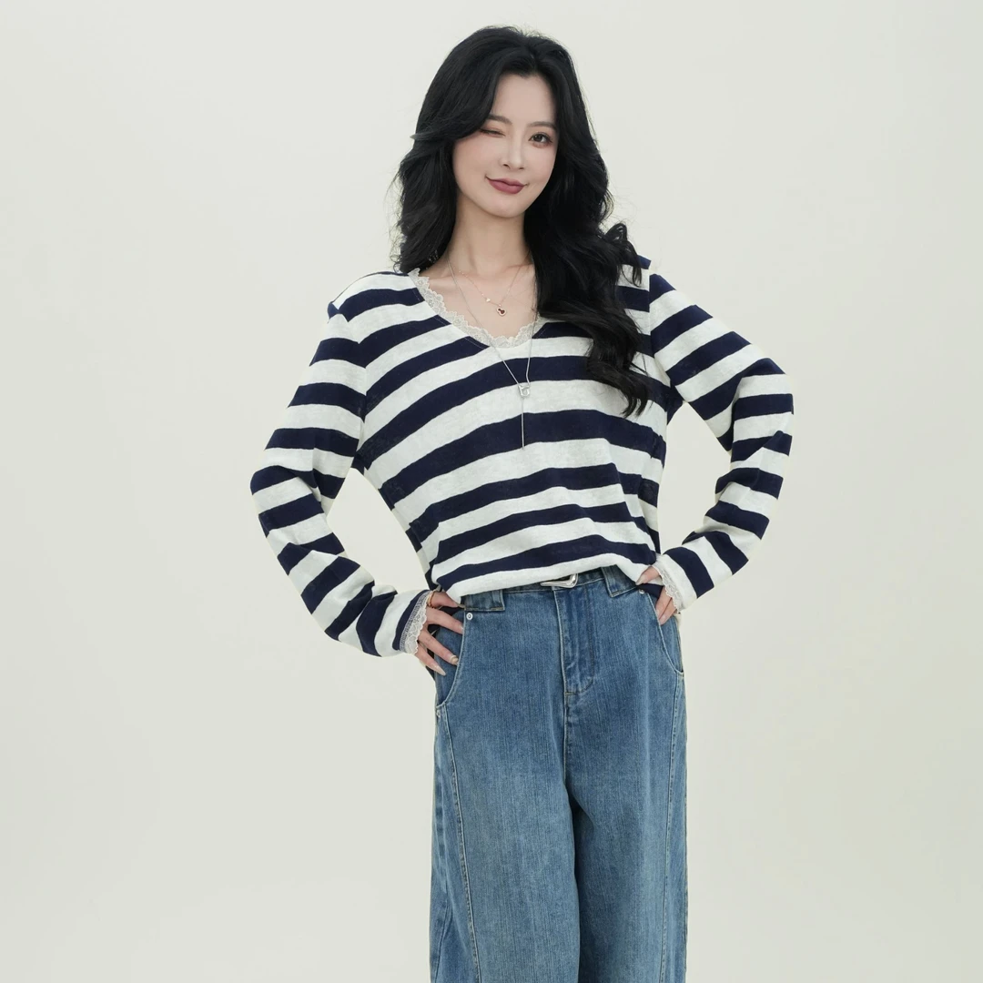 【BAMAY】2025春季新款条纹蕾丝边V领宽松显瘦长袖上衣BM251TX030CM