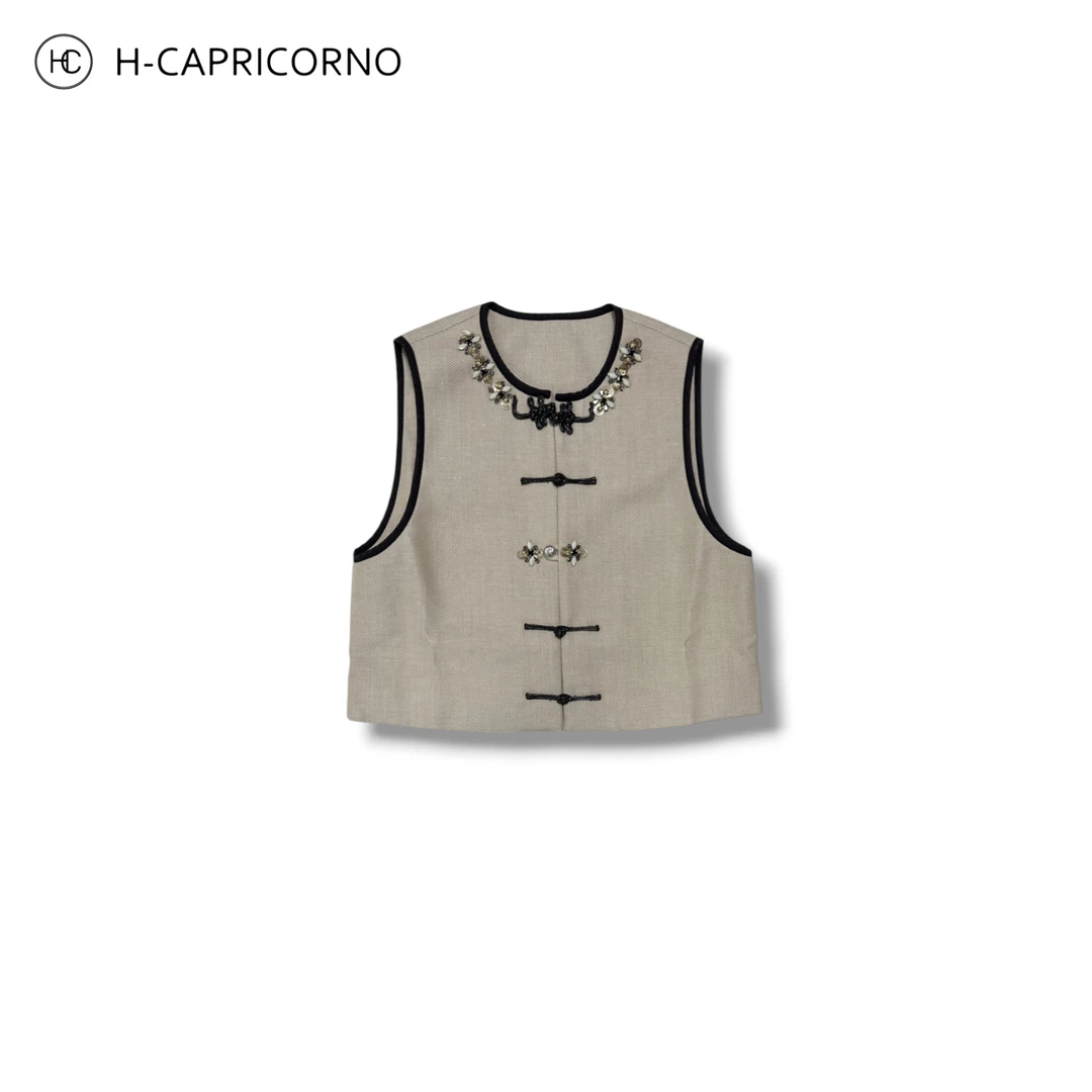 H-CAPRICORNO金属重工装饰心中是设计款慕斯卡其马甲背心