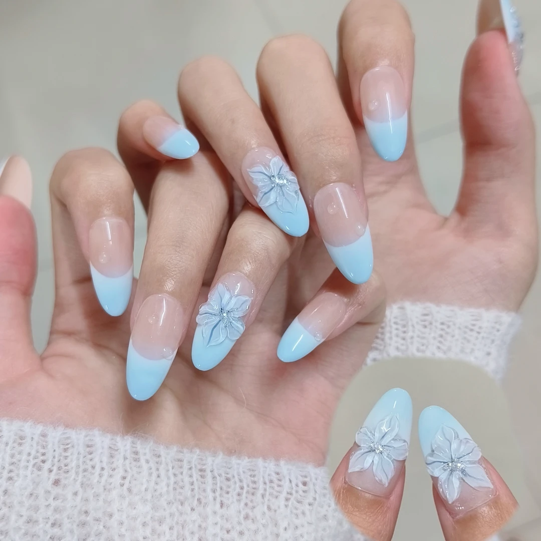 纯手工穿戴甲高级感雕花蓝色冰花美甲裸色法式可拆卸假指甲贴片