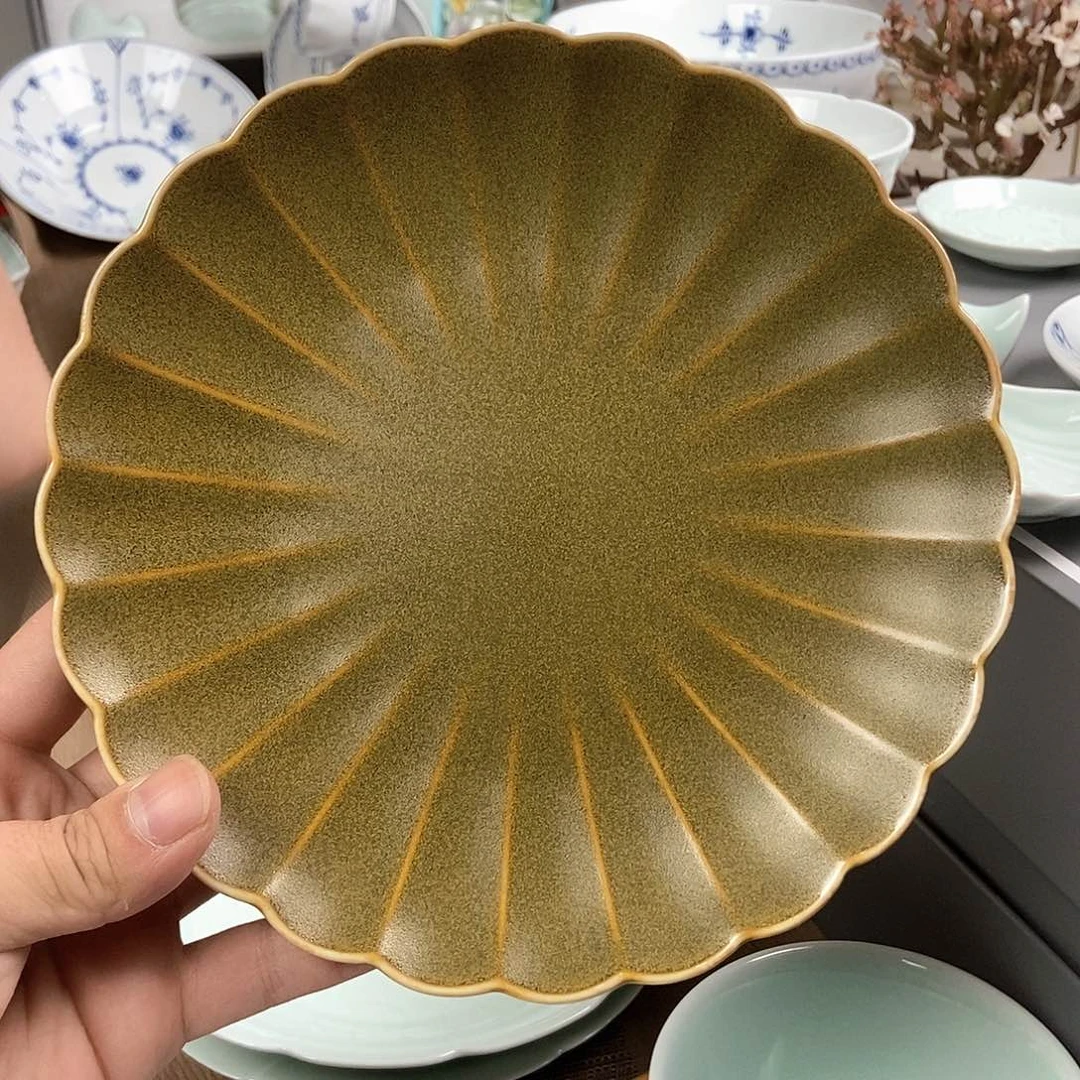 瓷片厚皮橙同款c茶叶末菊花盘