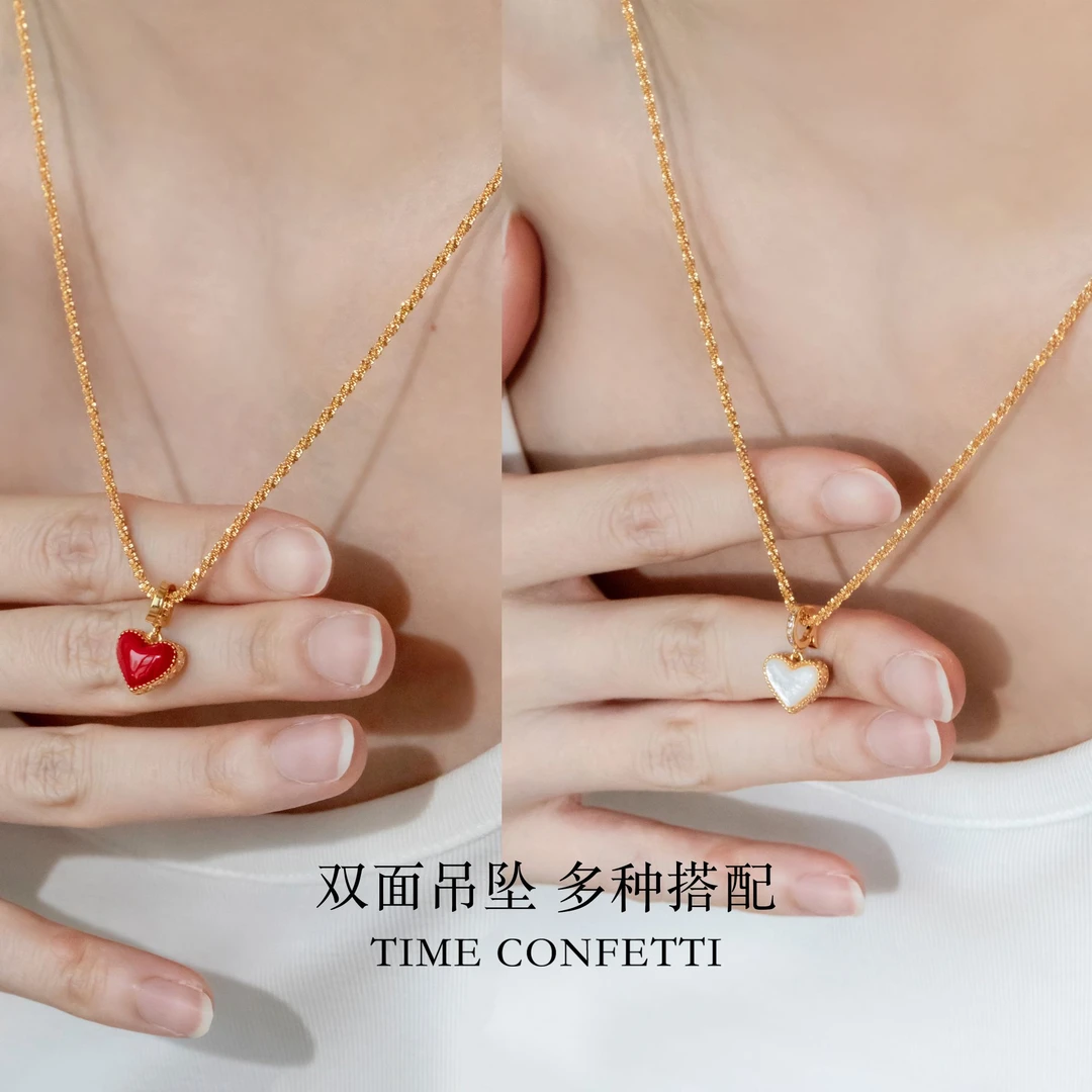 黄铜项链 镀K金【孙二娘】新版-安哥拉红爱心吊坠双面锁骨链TC 9948