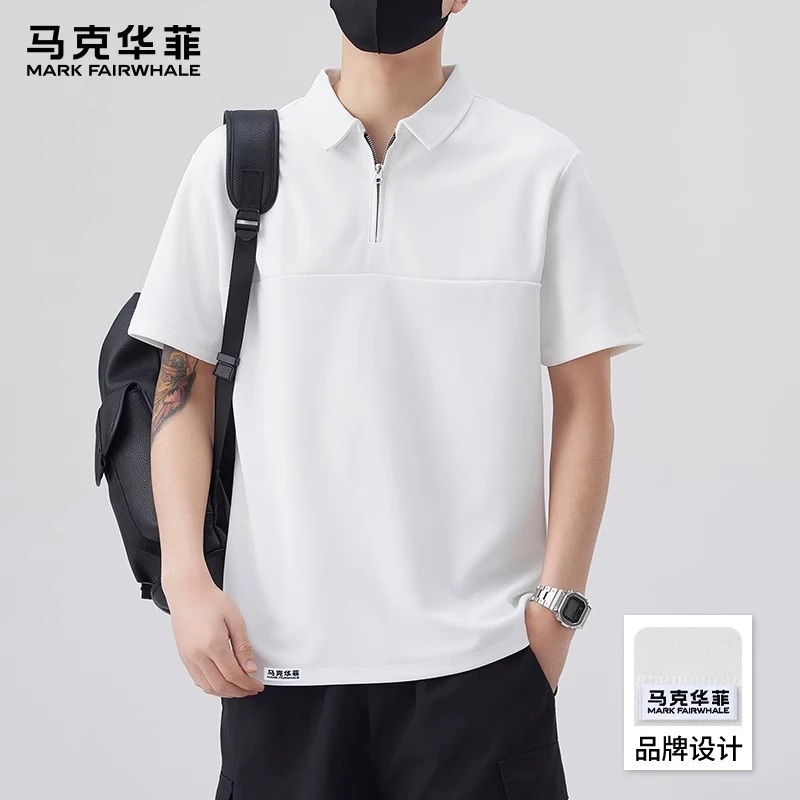 马克华菲2025新款夏季POLO衫简约百搭拼接短袖宽松休闲拉链男上衣
