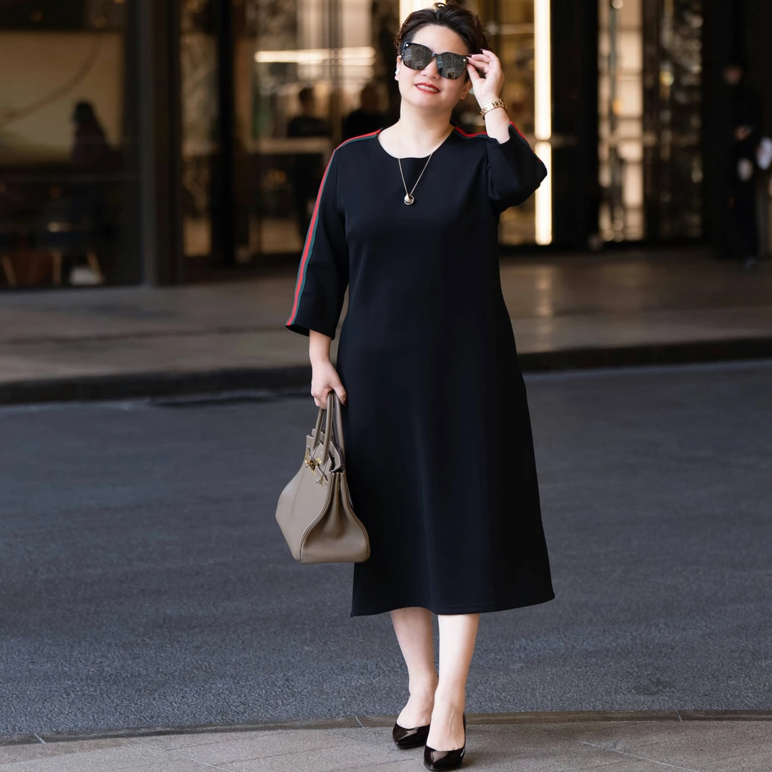 2025春秋季新款女装轻奢气质织带醋酸大码时尚长袖连衣裙0367