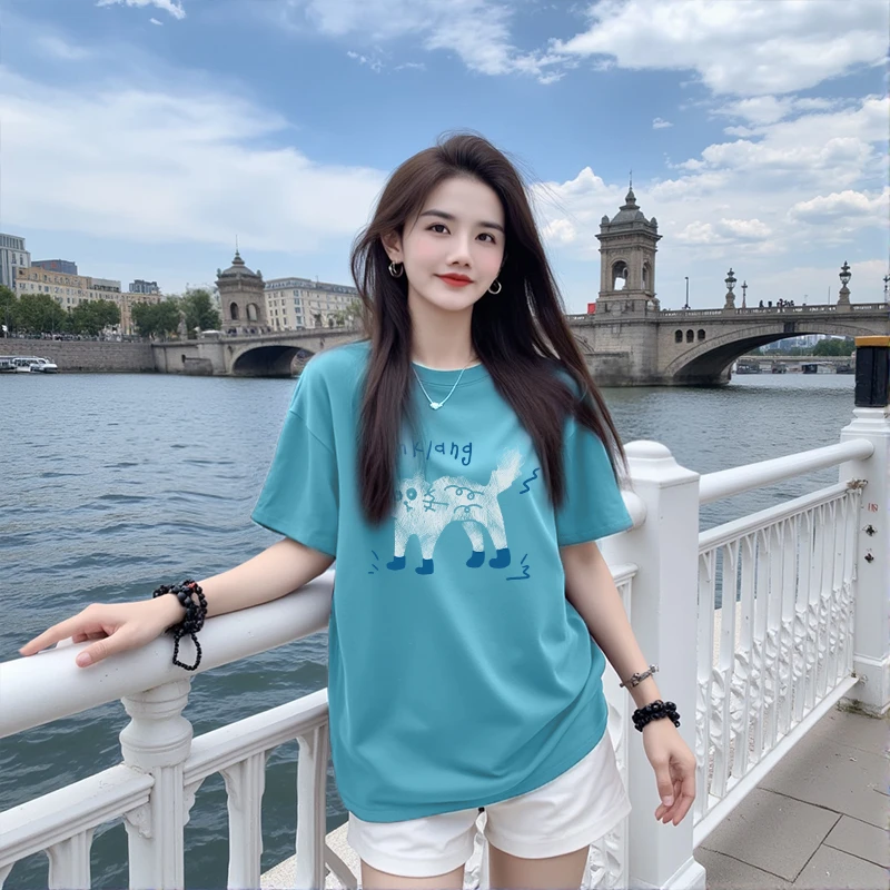 【炸毛猫猫】正肩显瘦短袖T恤印花圆领时尚潮流半袖小版休闲