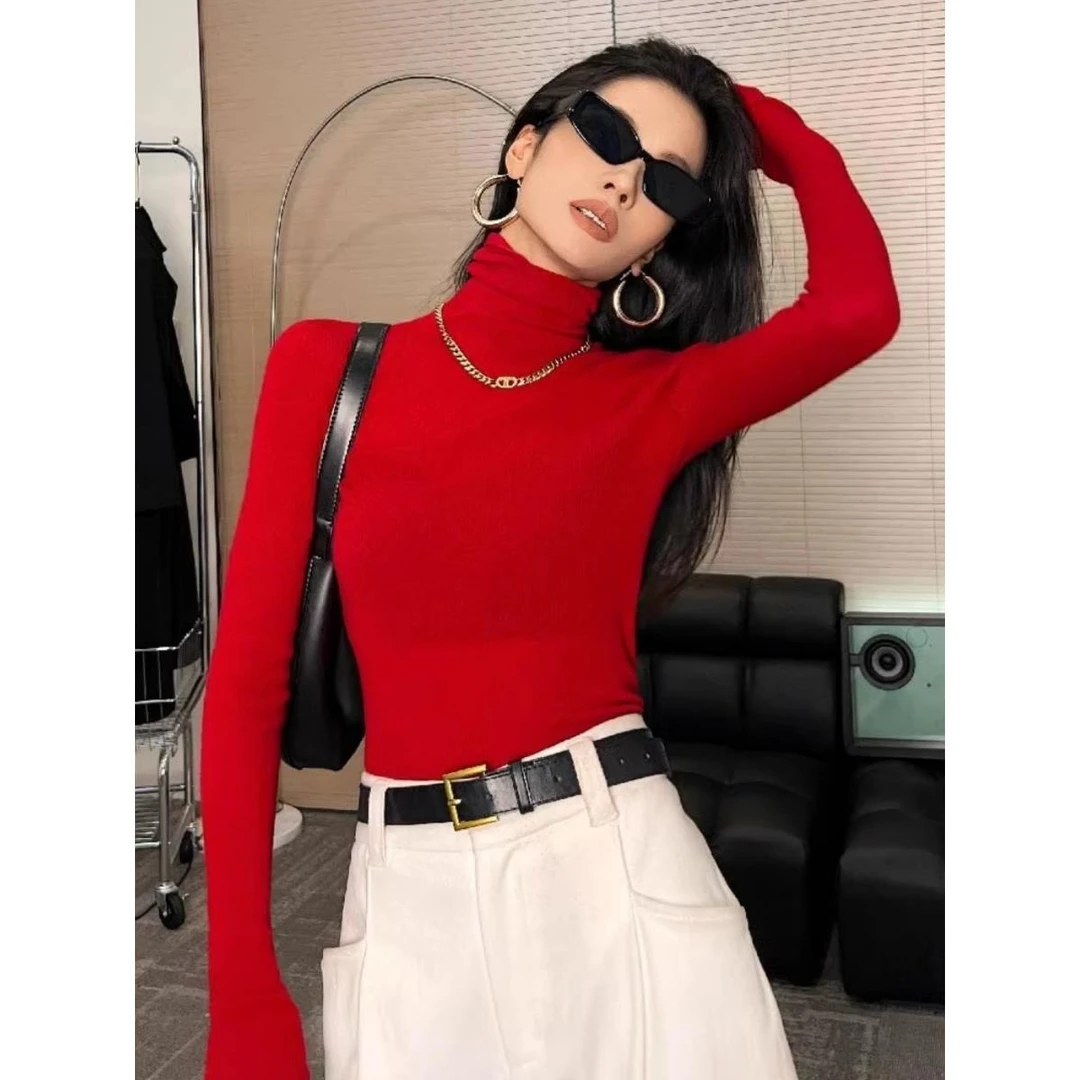 高领修身红底女式衬衫2025秋冬新款高底时尚内上装显瘦长袖网红