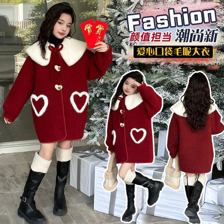 女童加绒外套秋冬儿童冬季加厚新款红色呢子大衣女孩新年拜年衣服