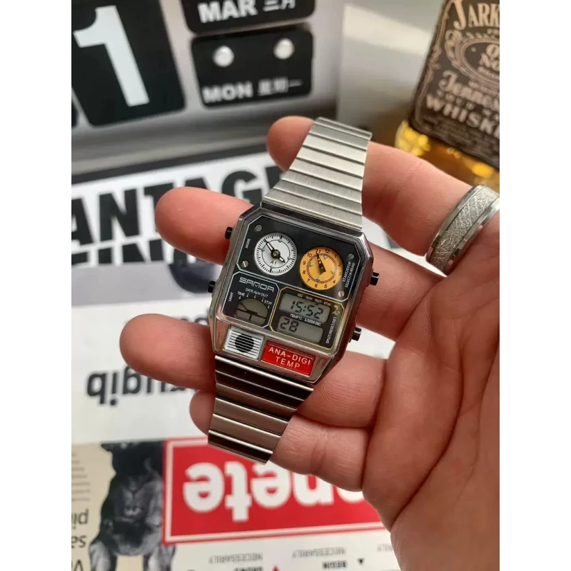 复古方形手表男款多功能户外运动超薄钢带防水夜光闹钟双显电子表