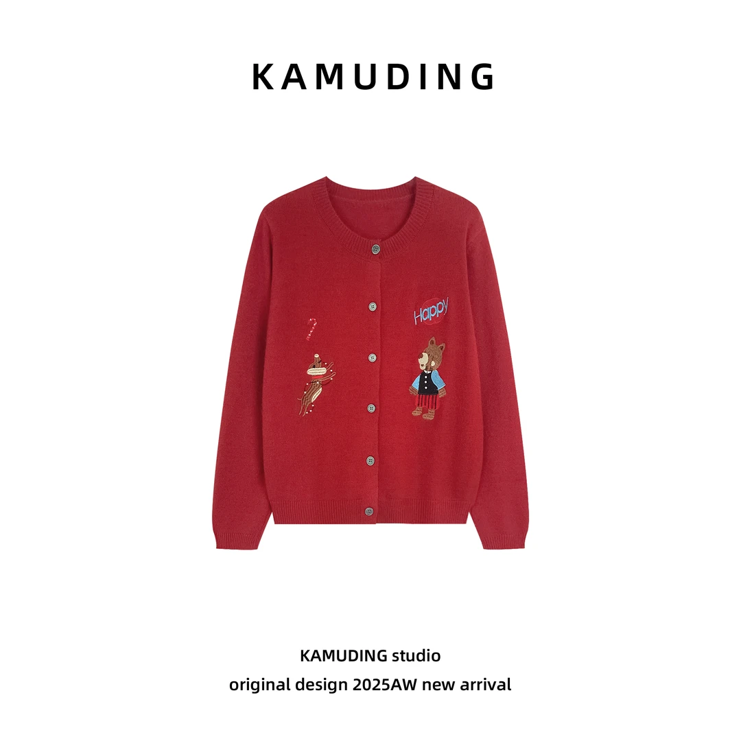 KAMUDING2025新款A61卡通刺绣 针织开衫女秋冬复古红色毛衣25576