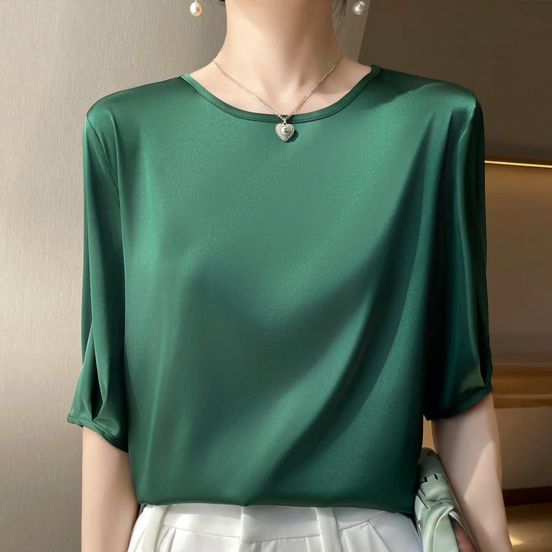 【现货宠粉】新款圆领中袖醋酸缎面T恤纯色小众法式夏季打底上衣薄