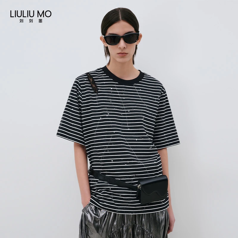 刘刘墨小众设计定制烫银工艺经典条纹蕾丝镂空个型百搭松弛感T恤