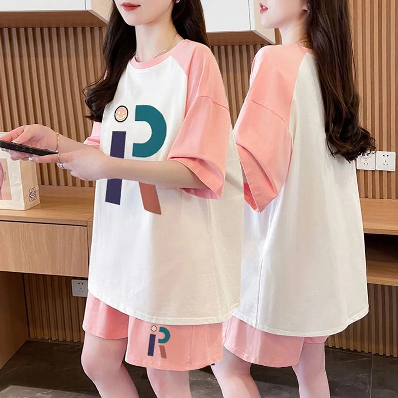 网红休闲纯棉百搭运动套装女夏季新款韩版短袖短裤大码时尚两件套