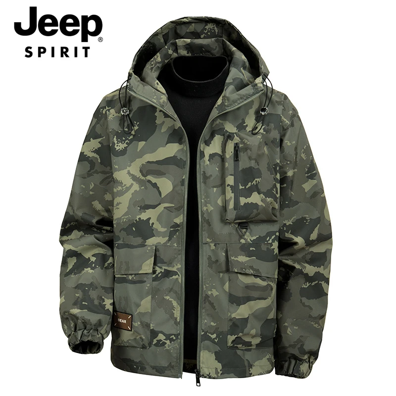JEEPSPIRIT吉普夹克男秋季新款薄款连帽冲锋衣外套迷彩户外夹克男