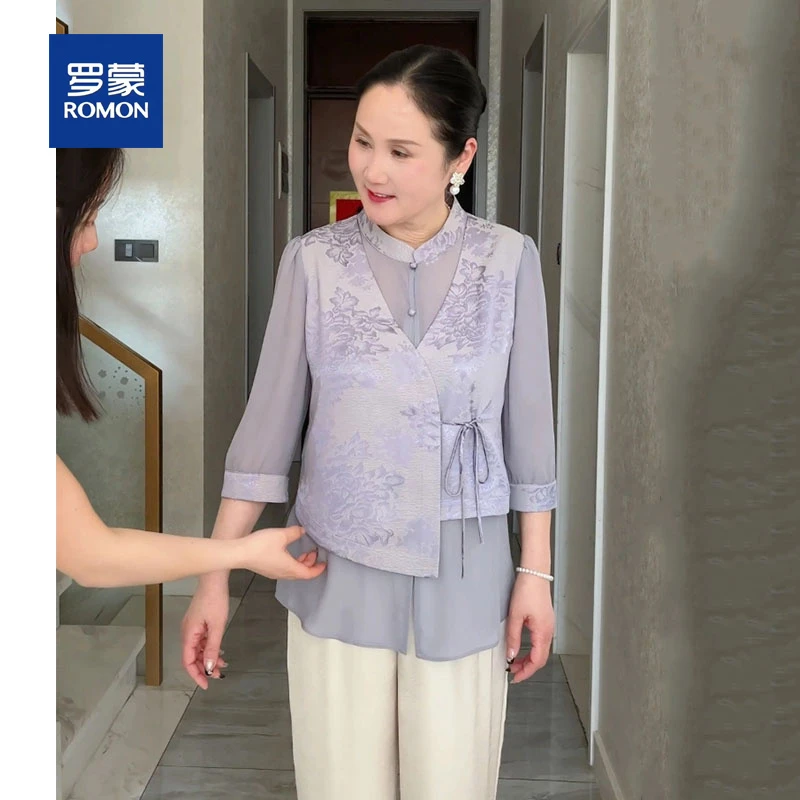 罗蒙妈妈套装女春夏季休闲碎花中式民族风小衫中老年人女装上衣服