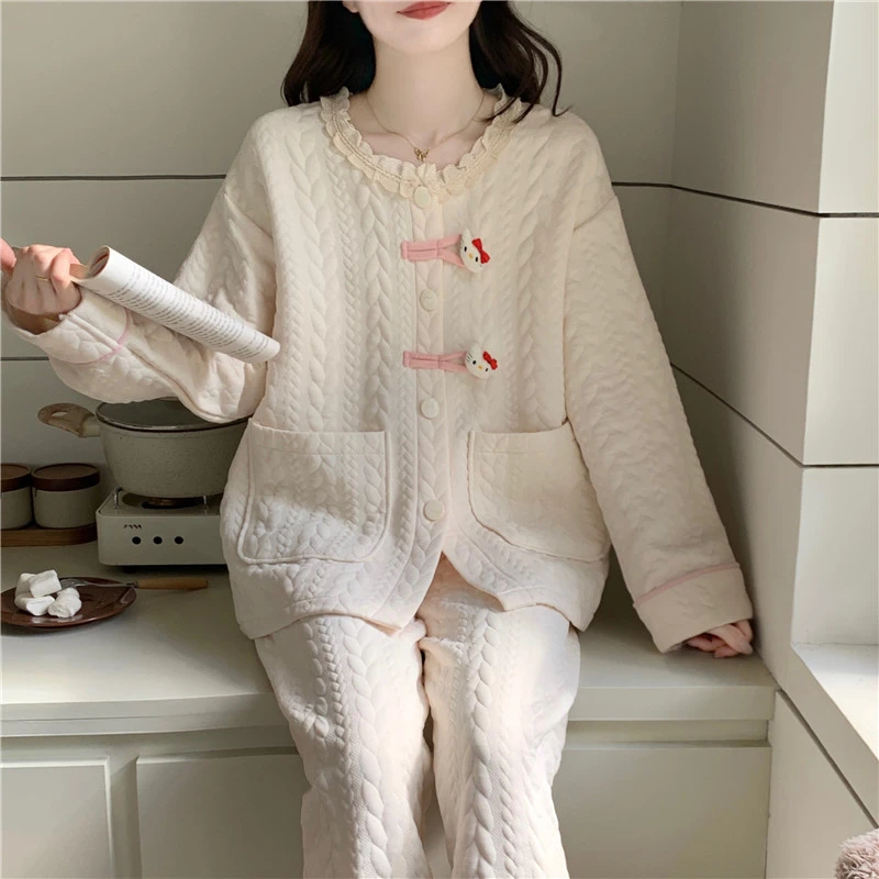 秋冬季新款超减龄加厚空气棉提花开衫夹层可爱卡通可外出家居服