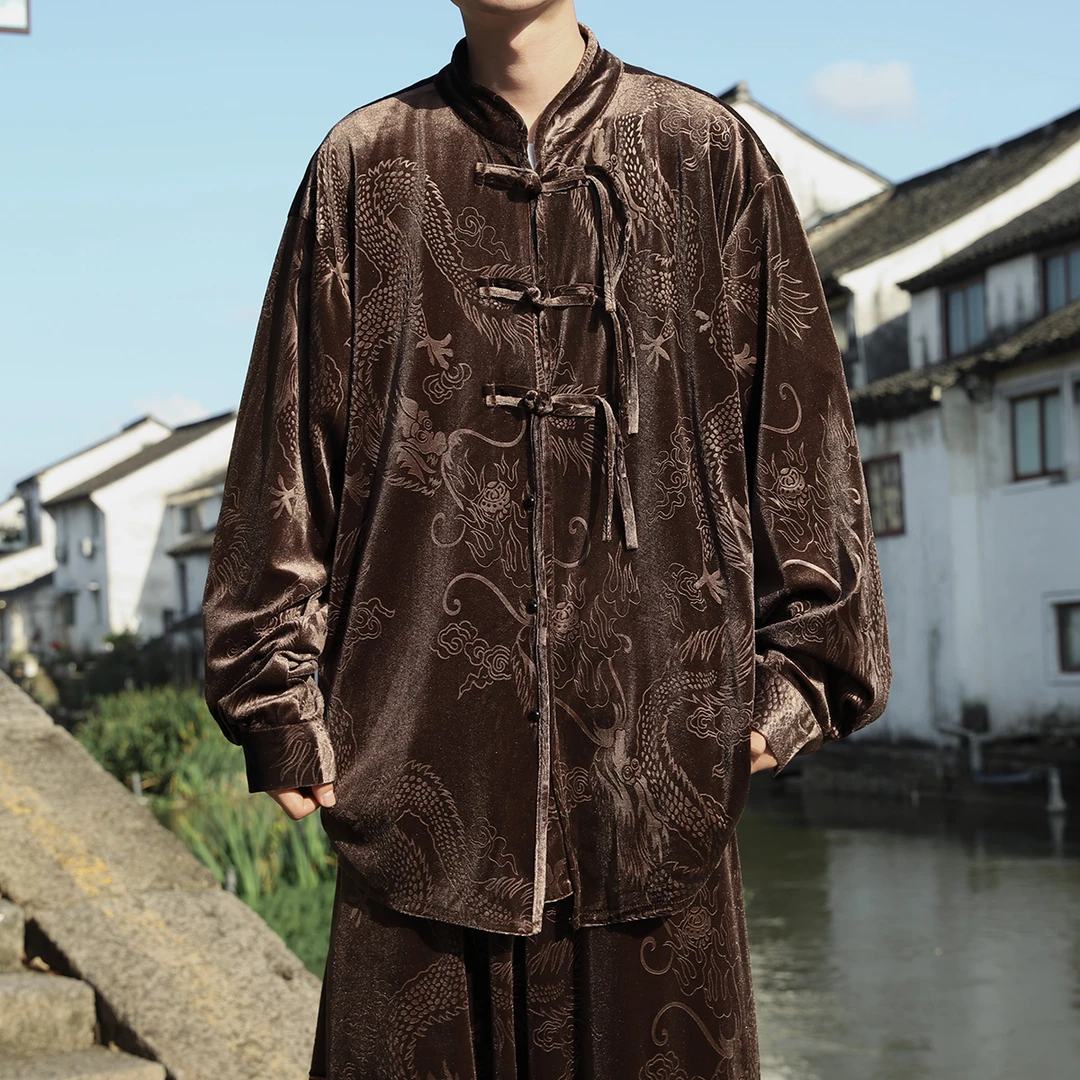 复古青年唐装男士金丝绒外套新中式国风龙纹提花宽松中山茶服上衣
