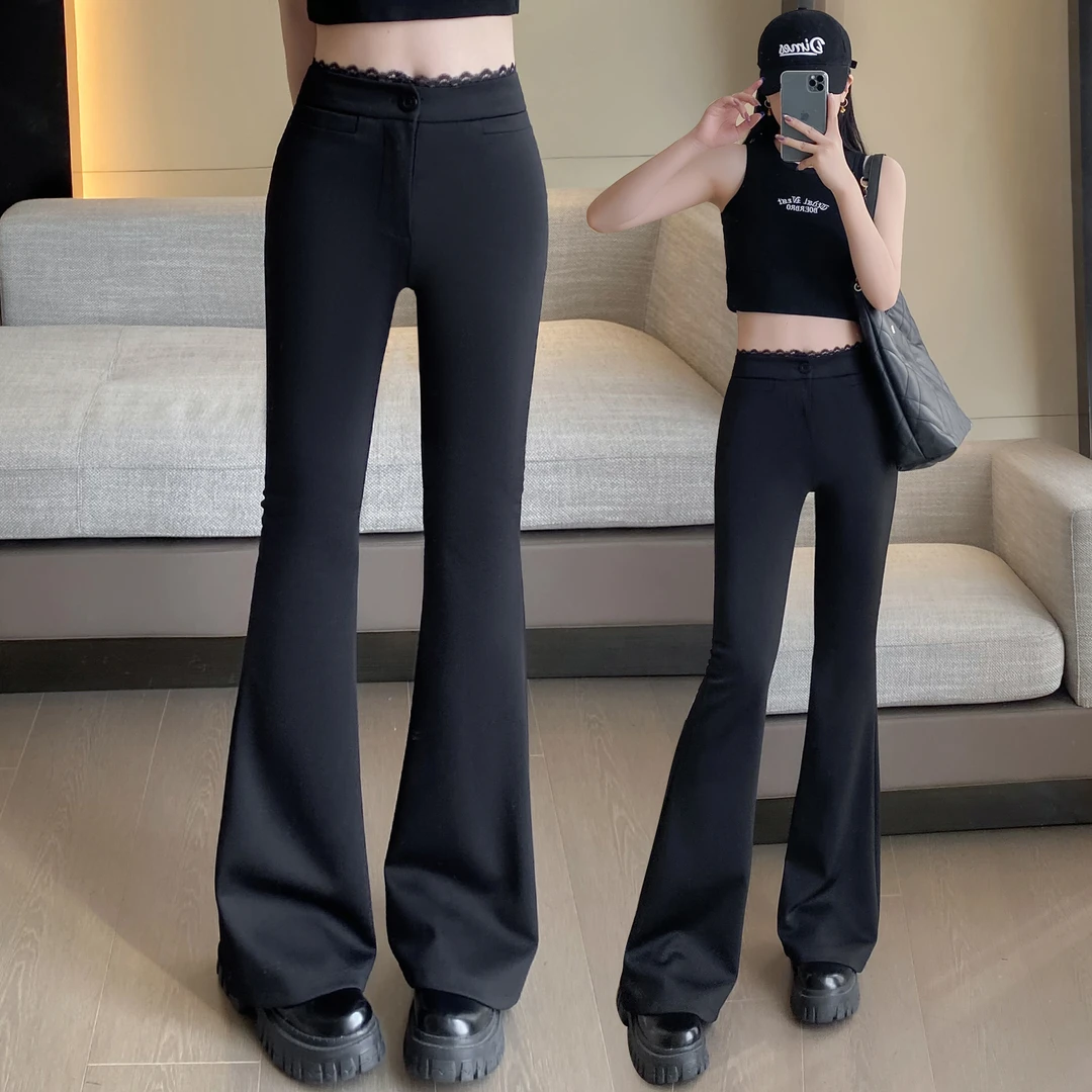 黑色微喇西装裤女设计感蕾丝拼接高腰裤弹力修身拖地西装裤女