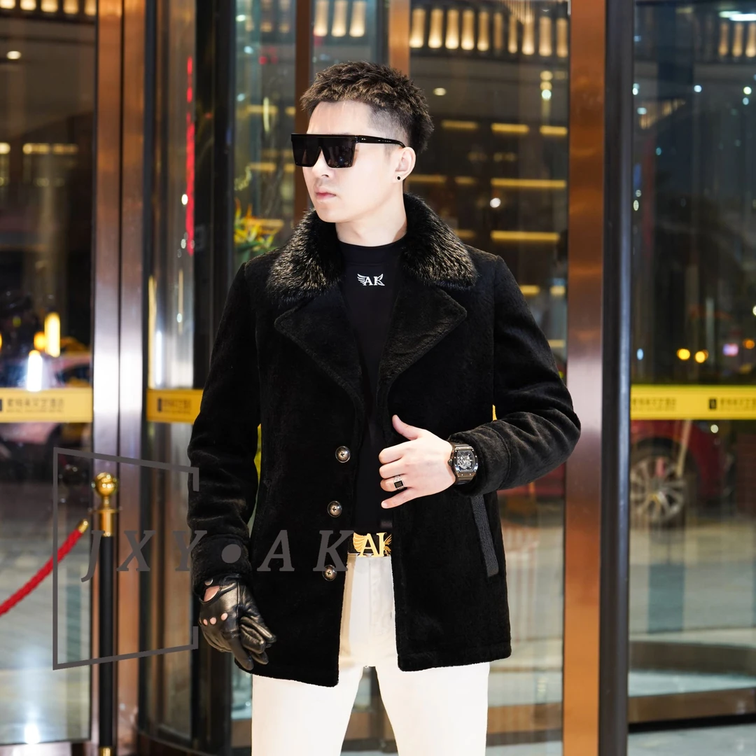 冬季保暖羽绒服男加绒加厚鹅绒美利奴羊毛中长款纯色轻奢貂毛外套