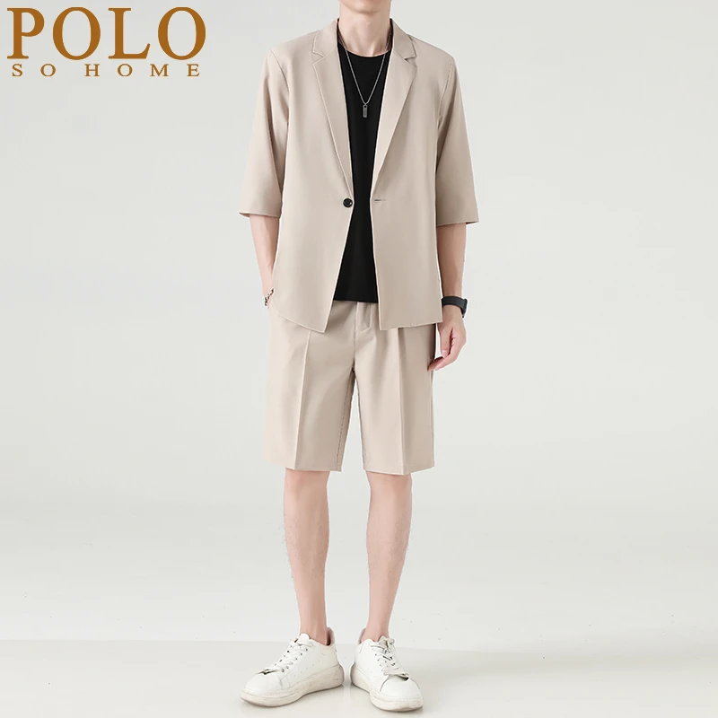 保罗夏季新款短袖西服套装男士西装外套搭配五分西裤三件套男士潮