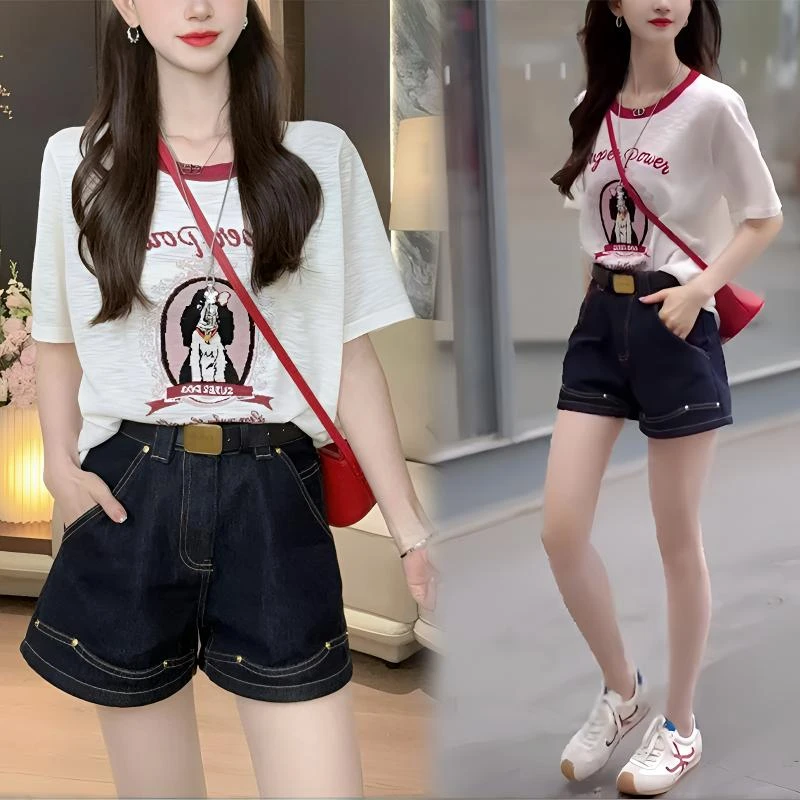 韩系气质减龄拼接T恤牛仔短裤套装女2025夏季新款洋气衣服两件套