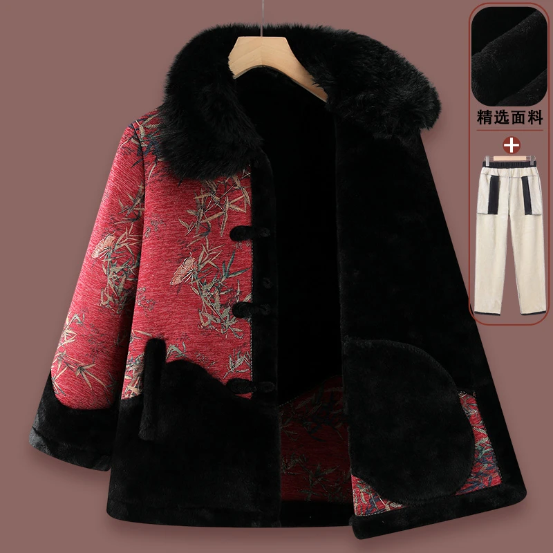 中老年人妈妈冬装外套加绒加厚毛领大衣仿皮毛一体奶奶装秋冬衣服