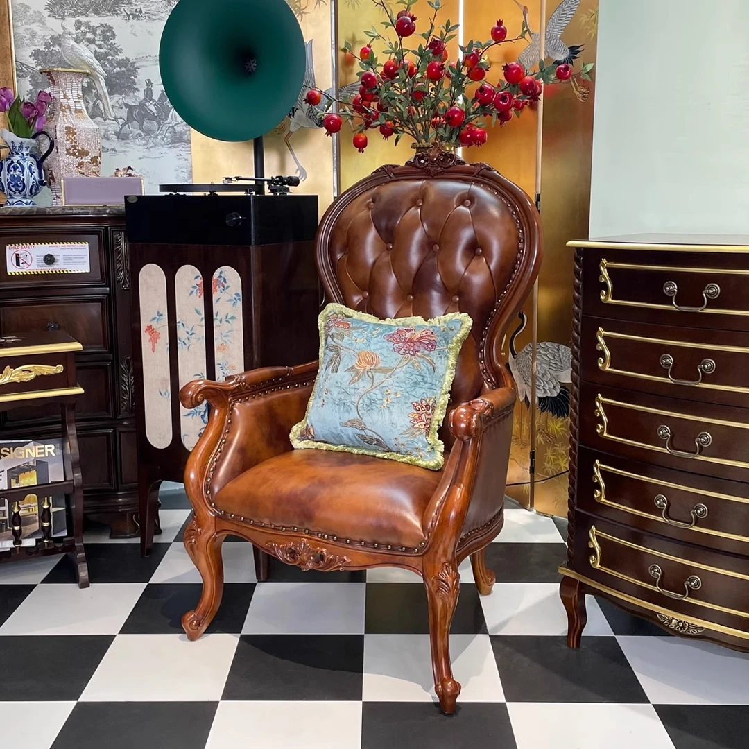 美式复古客厅单人沙发椅舒适坐感大户型真皮老虎椅休闲椅