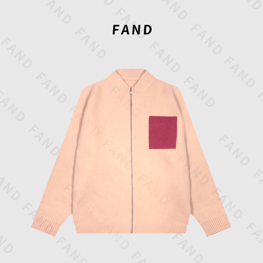 FAND品牌【小香粉粉】秋冬时尚口袋拼色纯色圆领开衫外套毛衣针织衫