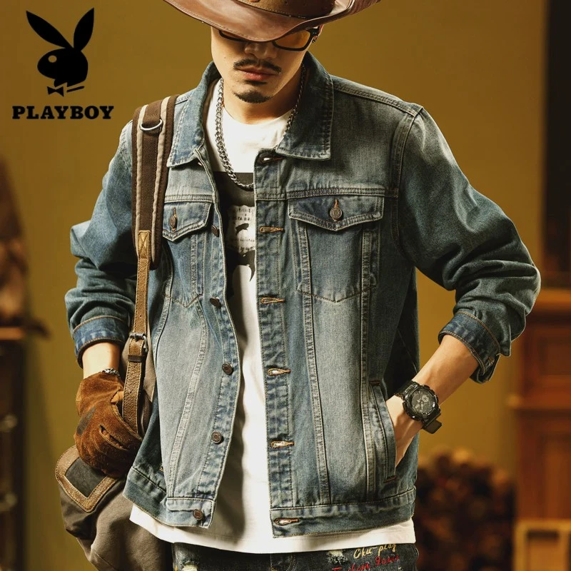 花花公子美式怀旧蓝牛仔外套男士潮牌春季新款多袋夹克简约百搭休