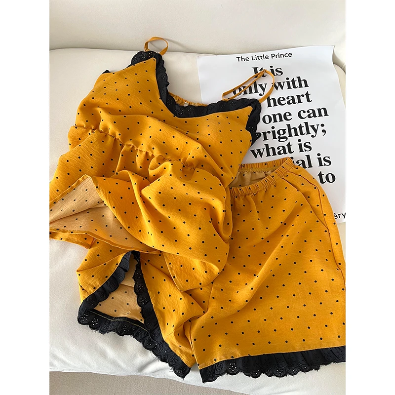 【波点蕾丝边】韩系甜美睡衣女夏季新款吊带短裤可外穿家居服两件套