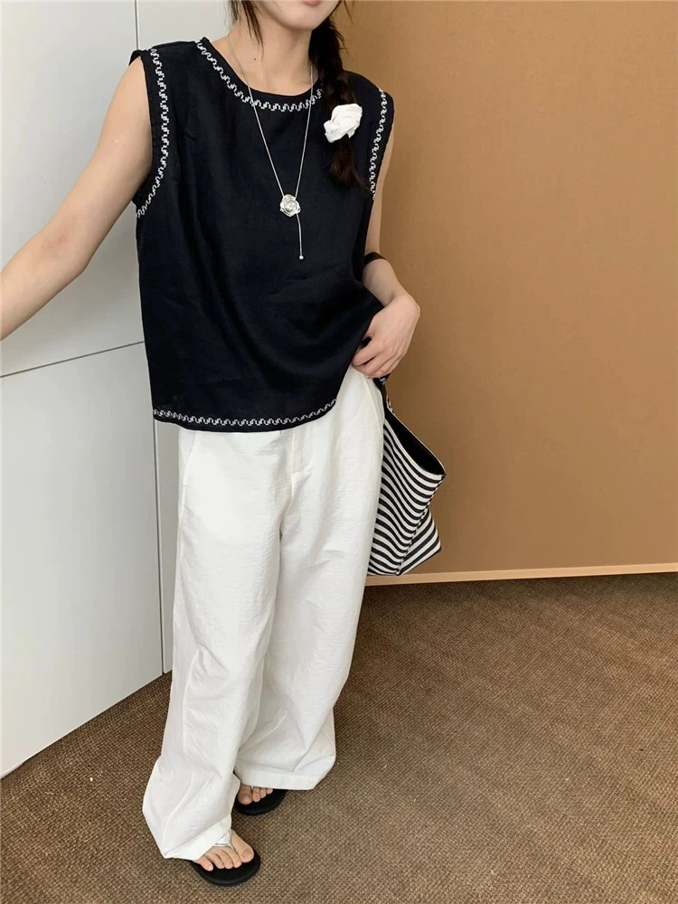 25129夏季新款圆领刺绣花边时尚气质无袖背心衬衫女上衣
