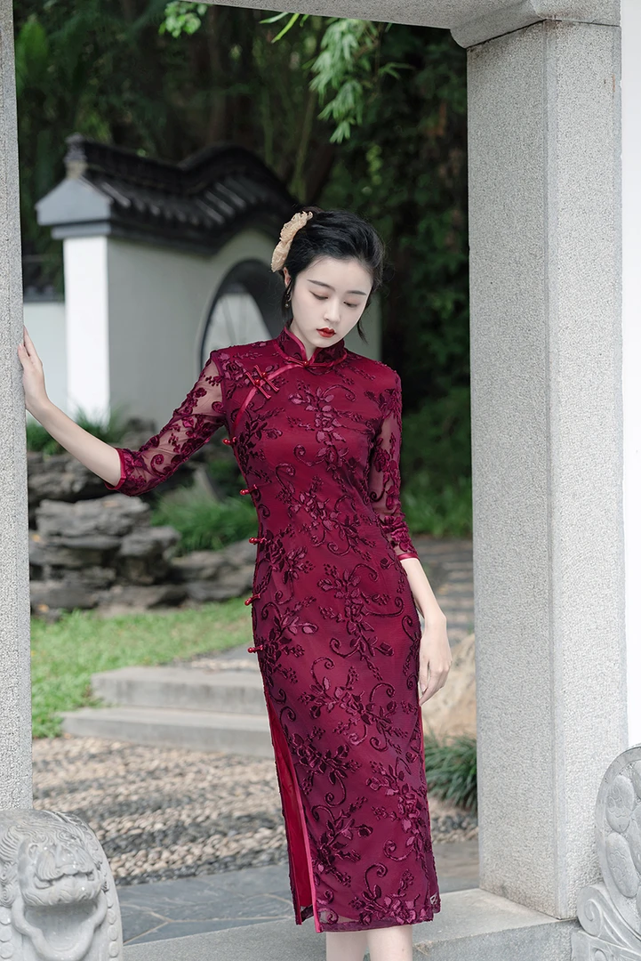 【俏佳人八扣】网纱植绒提花气质优雅旗袍夏季修身时尚A2