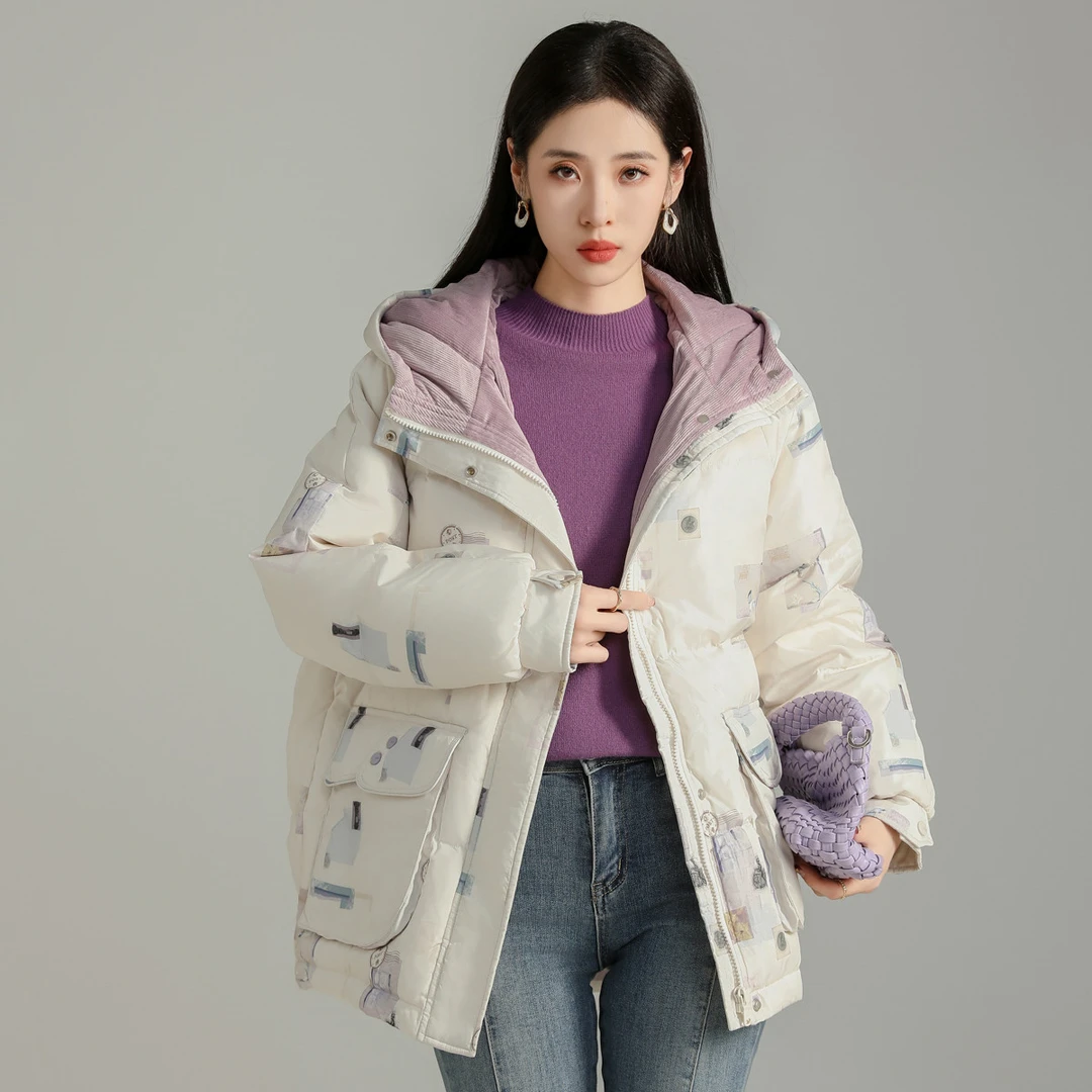 印花短款羽绒服女冬季新款通勤风连帽90白鸭绒羽绒服羽绒衣直播