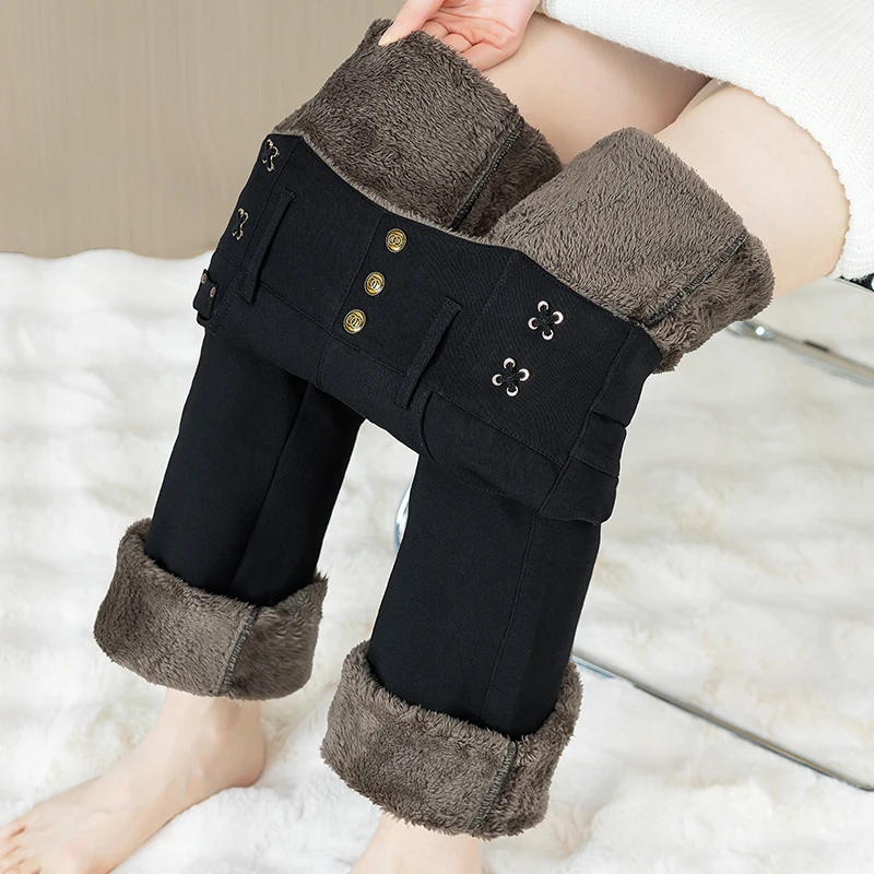 冬季加绒加厚微喇叭裤子女高腰显瘦百搭弹力遮肉保暖黑色小黑裤