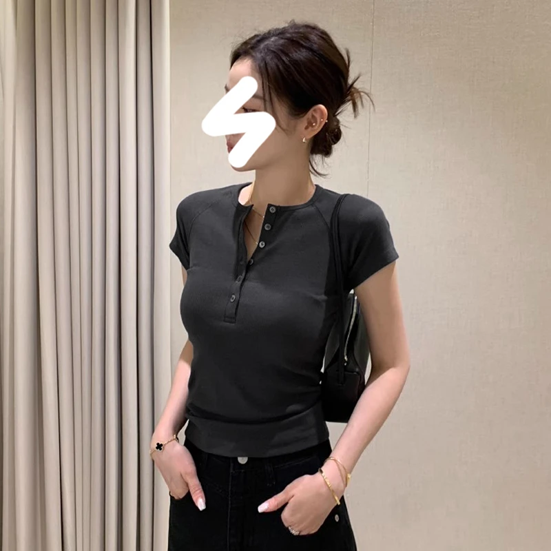 Miss sumeyY3860自制韩系夏季简约百搭修身显瘦半系扣短袖T恤上衣