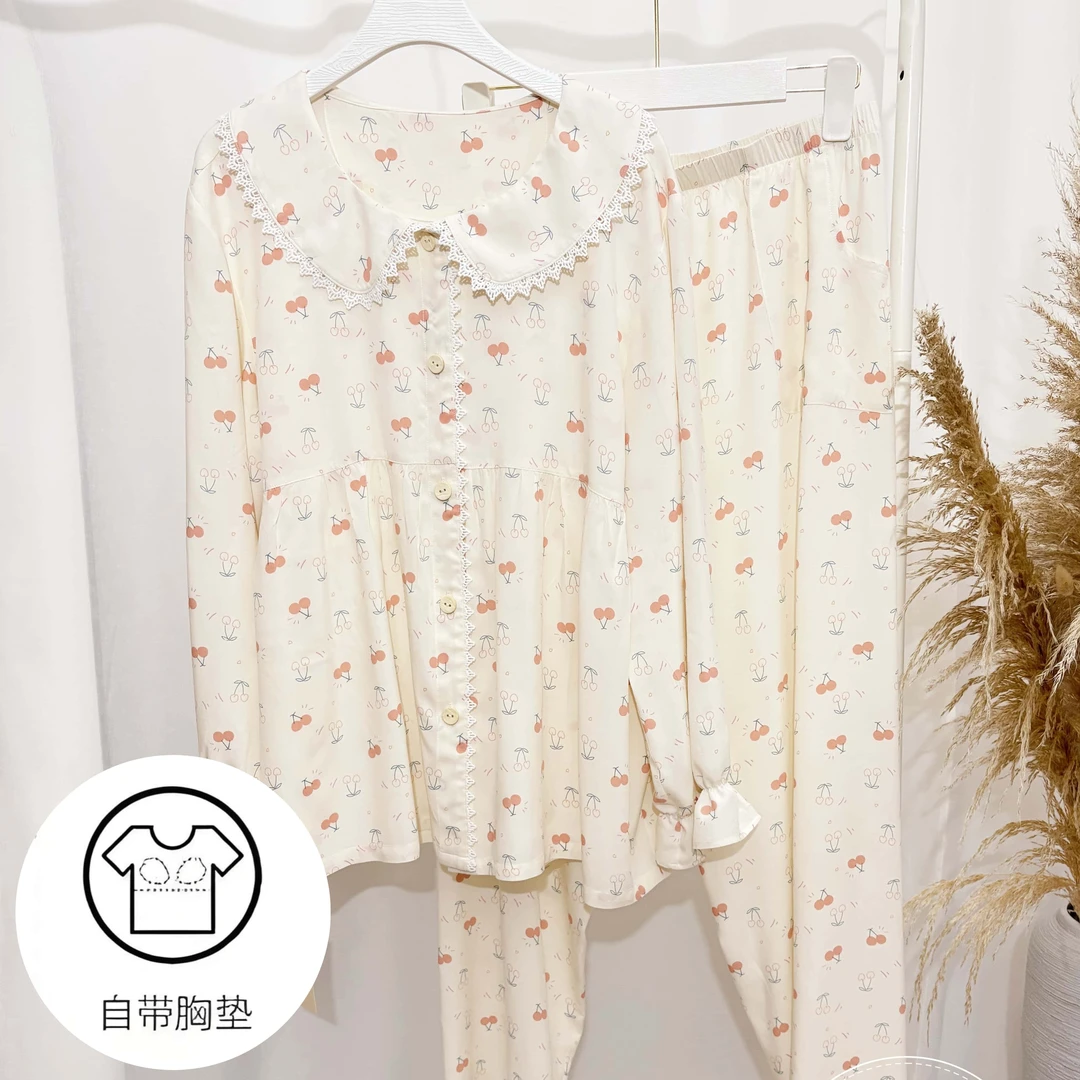 【澜坞】娃娃领睡衣胸垫防凸点夏季新款棉绸宽松家居服甜美公主风女