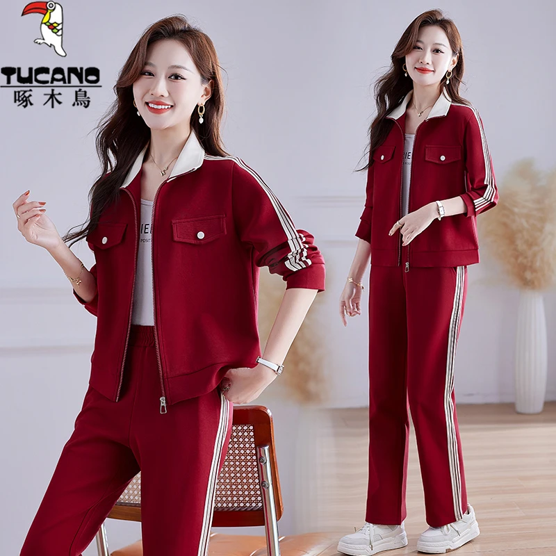 啄木鸟运动套装女春秋2025新款时尚洋气减龄休闲服开衫卫衣两件套