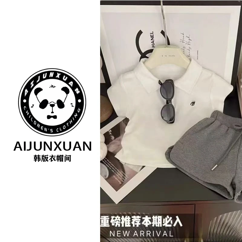 【现货】2025韩版女童套装小中大同短袖polo衫上衣阔腿短裤儿童服