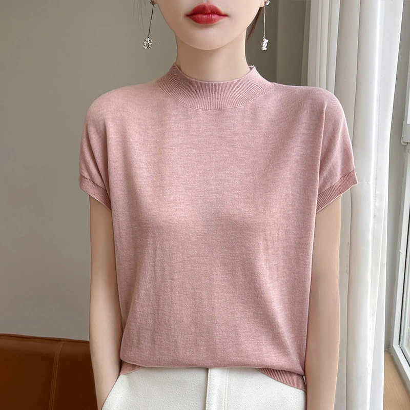甄选精纺超细羊毛夏季简约针织T恤时尚百搭半袖 高端轻奢打底短袖