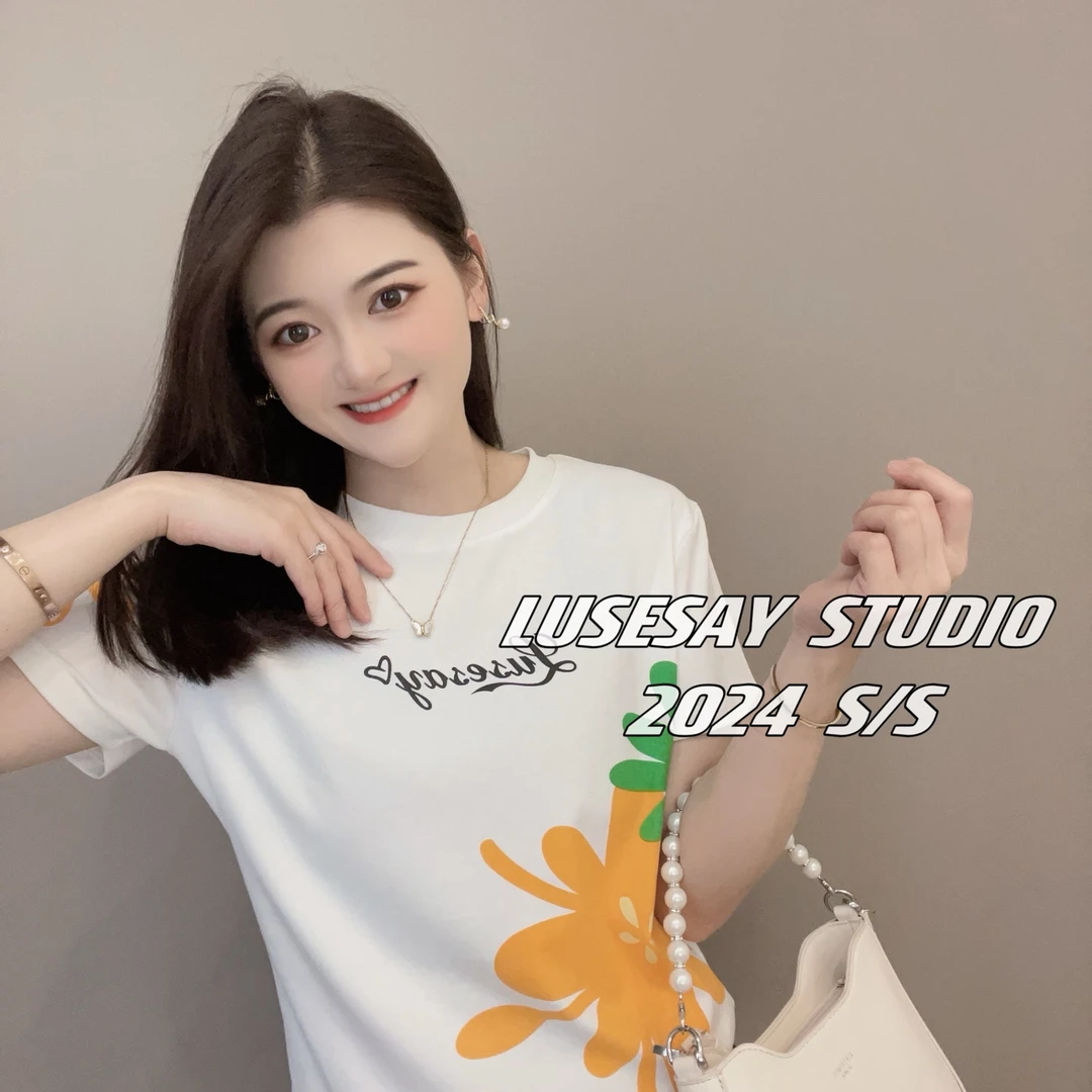 LUSESAY 设计感花花彩拔印 夏季2025新款 短袖t恤女百搭休闲上衣